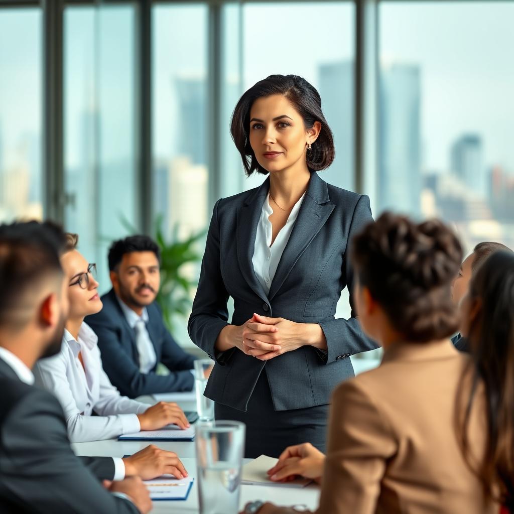 A confident woman over 30 years old in an elegant business suit standing at the forefront of a corporate meeting