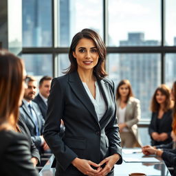 A confident woman over 30 years old in an elegant business suit standing at the forefront of a corporate meeting