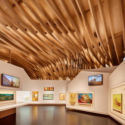 Design an art museum's interactive screen display area, enriched with a variety of display objects and artifacts. Above, a traditional wooden ceiling design adds a historic touch to the state-of-the-art technology.