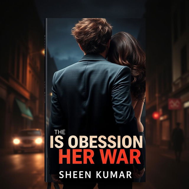 A striking book cover design for 'His Obsession, Her War' by Sheen Kumar, featuring a powerful and alluring scene depicting a French mafia boss and a stunning half-Italian, half-Indian girl from behind, emphasizing their alluring figures without showing their faces