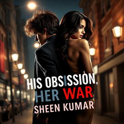 A striking book cover design for 'His Obsession, Her War' by Sheen Kumar, featuring a powerful and alluring scene depicting a French mafia boss and a stunning half-Italian, half-Indian girl from behind, emphasizing their alluring figures without showing their faces