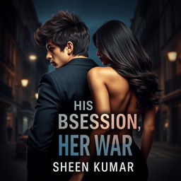 A striking book cover design for 'His Obsession, Her War' by Sheen Kumar, featuring a powerful and alluring scene depicting a French mafia boss and a stunning half-Italian, half-Indian girl from behind, emphasizing their alluring figures without showing their faces