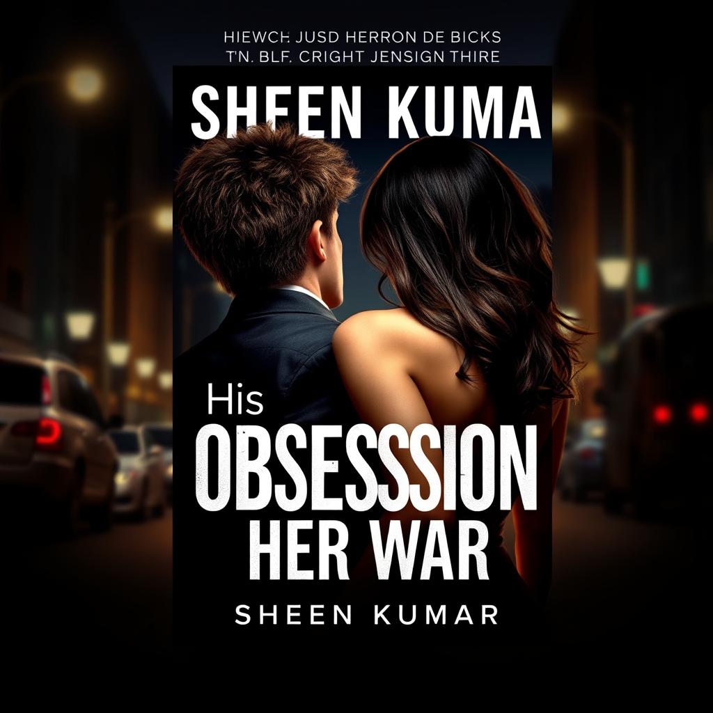 A striking book cover design for 'His Obsession, Her War' by Sheen Kumar, featuring a powerful and alluring scene depicting a French mafia boss and a stunning half-Italian, half-Indian girl from behind, emphasizing their alluring figures without showing their faces