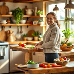 A woman over 30 years old dressed in a cozy sweater and leggings, happily cooking in a warm, inviting kitchen