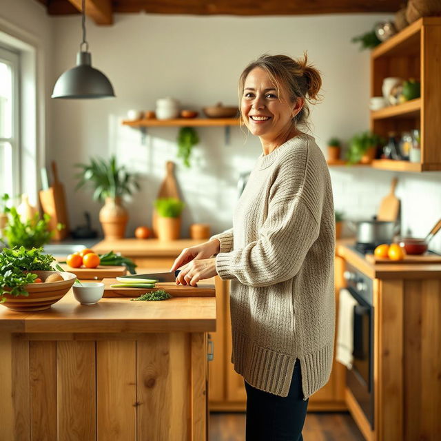 A woman over 30 years old dressed in a cozy sweater and leggings, happily cooking in a warm, inviting kitchen