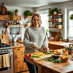 A woman over 30 years old dressed in a cozy sweater and leggings, happily cooking in a warm, inviting kitchen