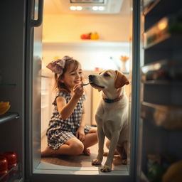A cinematic shot from the perspective of an open fridge, capturing a charming scene in a cozy kitchen
