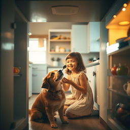 A cinematic shot from the perspective of an open fridge, capturing a charming scene in a cozy kitchen