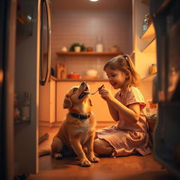 A cinematic shot from the perspective of an open fridge, capturing a charming scene in a cozy kitchen