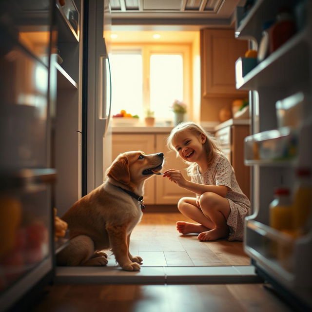 A cinematic shot from the perspective of an open fridge, capturing a charming scene in a cozy kitchen