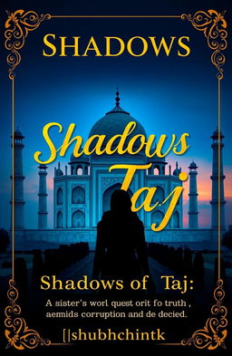 A hauntingly beautiful book cover for 'Shadows Of Taj', featuring the Taj Mahal beautifully silhouetted at dusk with a deep blue sky transitioning to warm hues