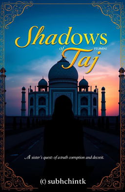 A hauntingly beautiful book cover for 'Shadows Of Taj', featuring the Taj Mahal beautifully silhouetted at dusk with a deep blue sky transitioning to warm hues
