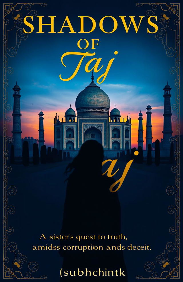 A hauntingly beautiful book cover for 'Shadows Of Taj', featuring the Taj Mahal beautifully silhouetted at dusk with a deep blue sky transitioning to warm hues