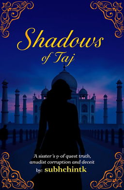 A hauntingly beautiful book cover for 'Shadows Of Taj', featuring the Taj Mahal beautifully silhouetted at dusk with a deep blue sky transitioning to warm hues