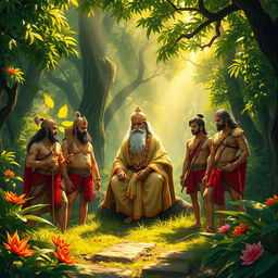 A scene from the Mahabharata depicting Pandu, the king, surrounded by his five sons, the Pandavas, in a lush, green forest