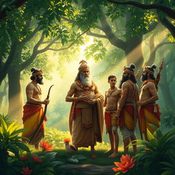 A scene from the Mahabharata depicting Pandu, the king, surrounded by his five sons, the Pandavas, in a lush, green forest