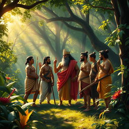 A scene from the Mahabharata depicting Pandu, the king, surrounded by his five sons, the Pandavas, in a lush, green forest
