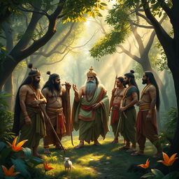 A scene from the Mahabharata depicting Pandu, the king, surrounded by his five sons, the Pandavas, in a lush, green forest