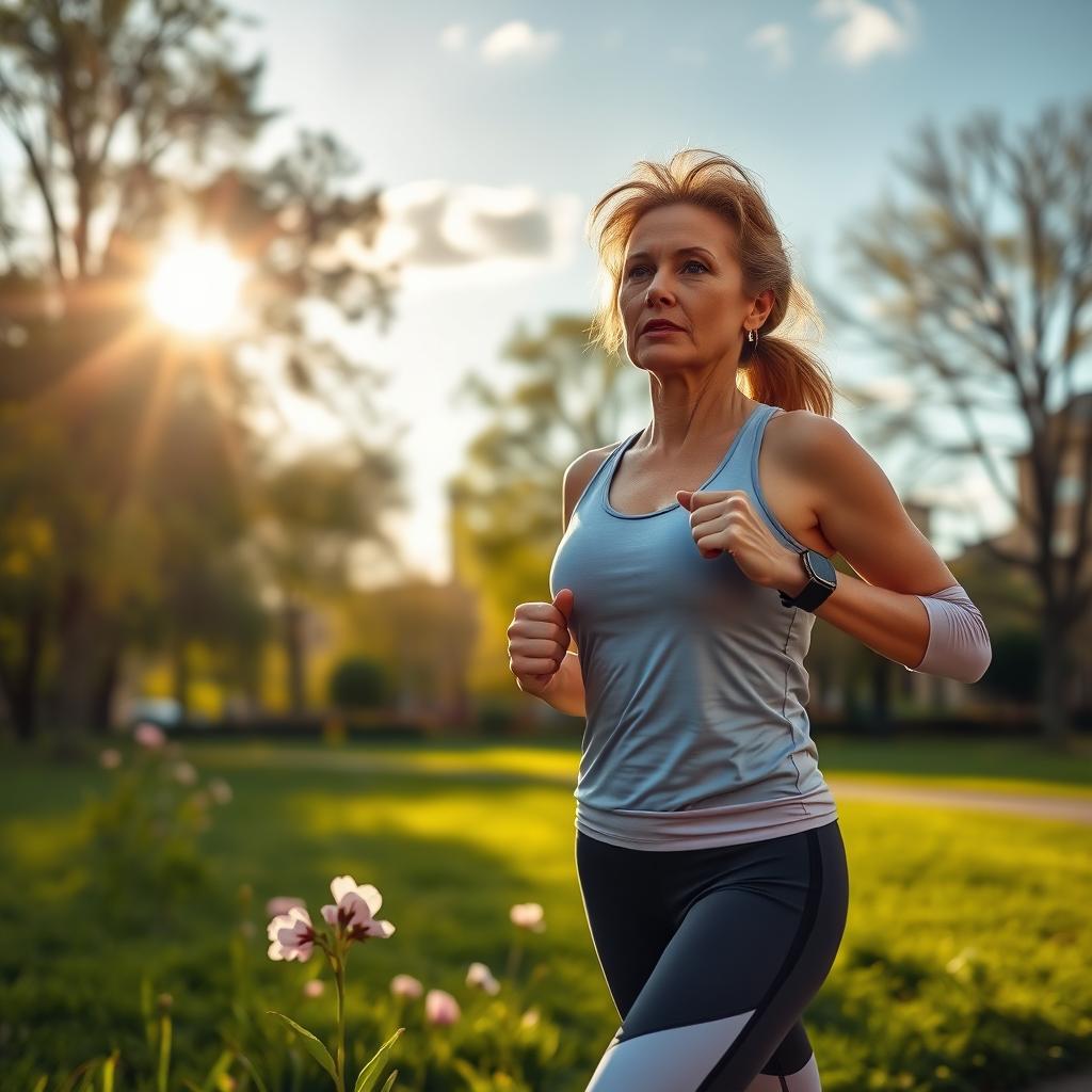 A woman over 30 years old, dressed in stylish athletic wear, jogging in a park during early morning