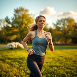 A woman over 30 years old, dressed in stylish athletic wear, jogging in a park during early morning