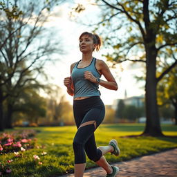 A woman over 30 years old, dressed in stylish athletic wear, jogging in a park during early morning