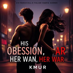 An enticing book cover design for 'His Obsession, Her War' by Sheen Kumar, featuring the captivating silhouettes of a hot French mafia boss and a beautiful half-Italian, half-Indian girl, both depicted from behind to keep their faces hidden
