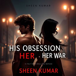 An enticing book cover design for 'His Obsession, Her War' by Sheen Kumar, featuring the captivating silhouettes of a hot French mafia boss and a beautiful half-Italian, half-Indian girl, both depicted from behind to keep their faces hidden