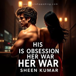 An enticing book cover design for 'His Obsession, Her War' by Sheen Kumar, featuring the captivating silhouettes of a hot French mafia boss and a beautiful half-Italian, half-Indian girl, both depicted from behind to keep their faces hidden