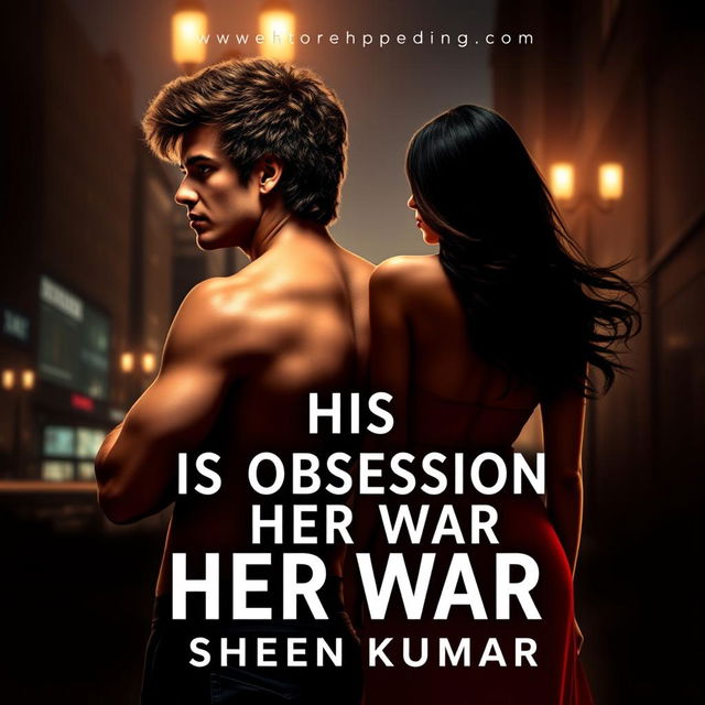 An enticing book cover design for 'His Obsession, Her War' by Sheen Kumar, featuring the captivating silhouettes of a hot French mafia boss and a beautiful half-Italian, half-Indian girl, both depicted from behind to keep their faces hidden