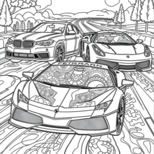 A detailed and engaging coloring book page featuring iconic sports cars, specifically a BMW, a Mercedes, a Ferrari, and a Lamborghini, beautifully illustrated with intricate designs and patterns