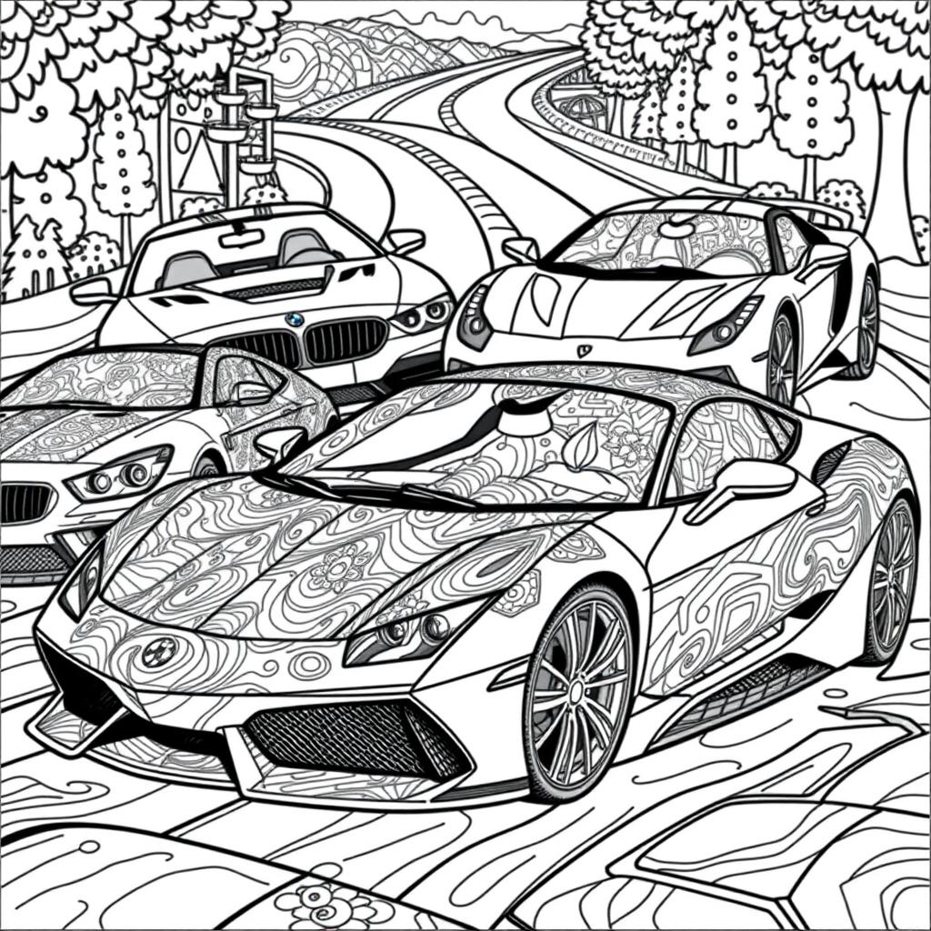 A detailed and engaging coloring book page featuring iconic sports cars, specifically a BMW, a Mercedes, a Ferrari, and a Lamborghini, beautifully illustrated with intricate designs and patterns