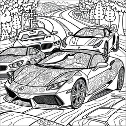 A detailed and engaging coloring book page featuring iconic sports cars, specifically a BMW, a Mercedes, a Ferrari, and a Lamborghini, beautifully illustrated with intricate designs and patterns