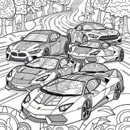 A detailed and engaging coloring book page featuring iconic sports cars, specifically a BMW, a Mercedes, a Ferrari, and a Lamborghini, beautifully illustrated with intricate designs and patterns