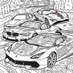 A detailed and engaging coloring book page featuring iconic sports cars, specifically a BMW, a Mercedes, a Ferrari, and a Lamborghini, beautifully illustrated with intricate designs and patterns