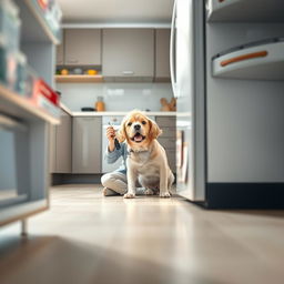 A modern and realistic shot from the perspective of an open fridge, showcasing a delightful scene in a contemporary kitchen