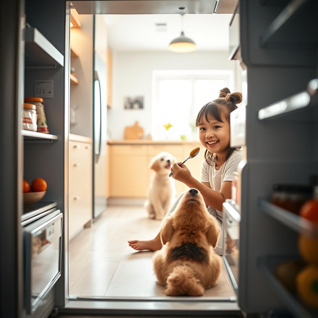 A modern and realistic shot from the perspective of an open fridge, showcasing a delightful scene in a contemporary kitchen