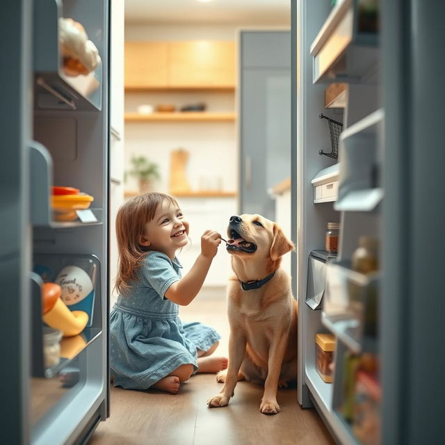 A modern and realistic shot from the perspective of an open fridge, showcasing a delightful scene in a contemporary kitchen