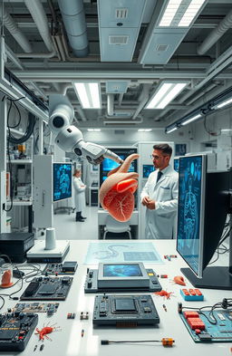 An advanced medical engineering laboratory filled with sophisticated machinery and equipment