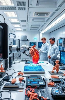 An advanced medical engineering laboratory filled with sophisticated machinery and equipment