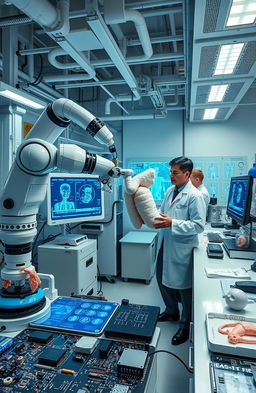 An advanced medical engineering laboratory filled with sophisticated machinery and equipment