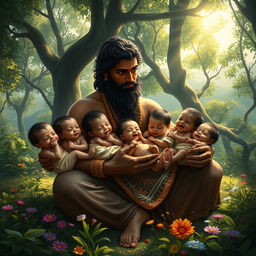 A tender scene depicting Pandu from the Mahabharata surrounded by his five newborn babies in a lush forest