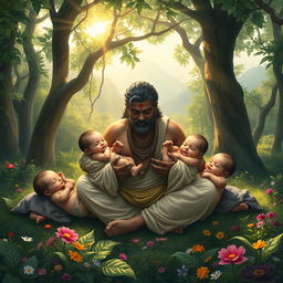 A tender scene depicting Pandu from the Mahabharata surrounded by his five newborn babies in a lush forest