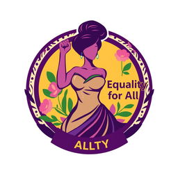 A vibrant and empowering emblem for a feminist party, featuring a strong, stylized female silhouette at the center, surrounded by floral elements symbolizing growth and strength