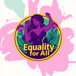 A vibrant and empowering emblem for a feminist party, featuring a strong, stylized female silhouette at the center, surrounded by floral elements symbolizing growth and strength