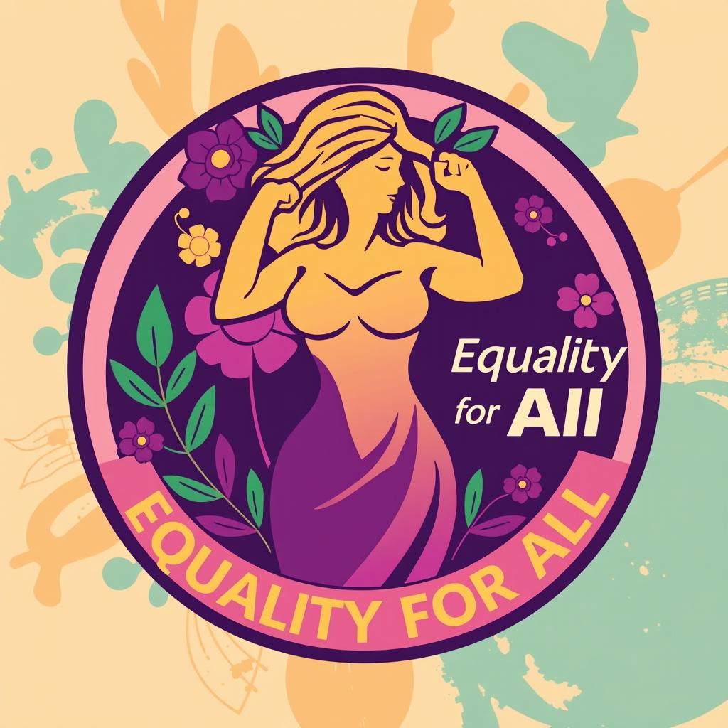 A vibrant and empowering emblem for a feminist party, featuring a strong, stylized female silhouette at the center, surrounded by floral elements symbolizing growth and strength