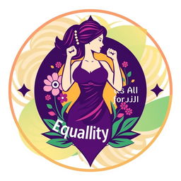 A vibrant and empowering emblem for a feminist party, featuring a strong, stylized female silhouette at the center, surrounded by floral elements symbolizing growth and strength