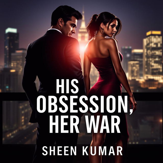 An alluring book cover design for 'His Obsession, Her War' by Sheen Kumar, featuring the silhouettes of a muscular French mafia boss in a sharp, tailored suit, exuding confidence and desire, and a fearless half-Italian, half-Indian girl dressed elegantly in a stylish, form-fitting outfit that radiates strength and independence