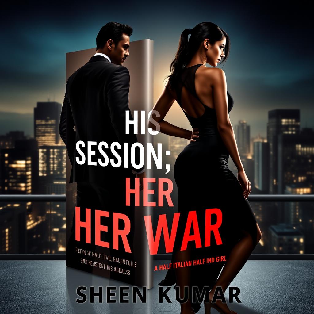 An alluring book cover design for 'His Obsession, Her War' by Sheen Kumar, featuring the silhouettes of a muscular French mafia boss in a sharp, tailored suit, exuding confidence and desire, and a fearless half-Italian, half-Indian girl dressed elegantly in a stylish, form-fitting outfit that radiates strength and independence