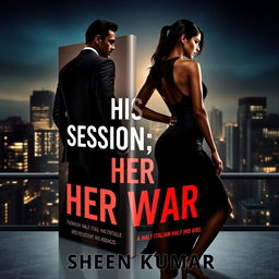 An alluring book cover design for 'His Obsession, Her War' by Sheen Kumar, featuring the silhouettes of a muscular French mafia boss in a sharp, tailored suit, exuding confidence and desire, and a fearless half-Italian, half-Indian girl dressed elegantly in a stylish, form-fitting outfit that radiates strength and independence