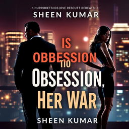 An alluring book cover design for 'His Obsession, Her War' by Sheen Kumar, featuring the silhouettes of a muscular French mafia boss in a sharp, tailored suit, exuding confidence and desire, and a fearless half-Italian, half-Indian girl dressed elegantly in a stylish, form-fitting outfit that radiates strength and independence